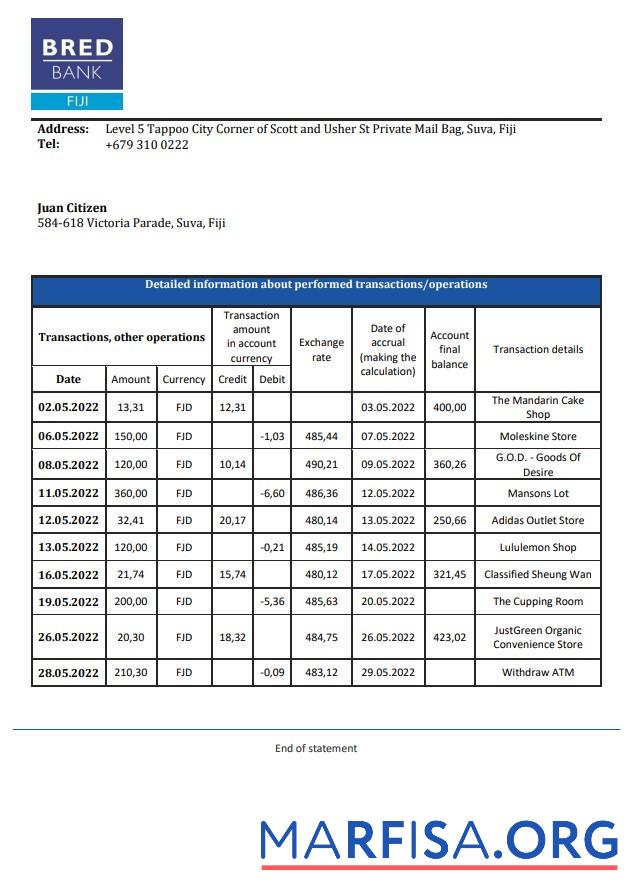 Realistic Fiji Bred Bank statment template
